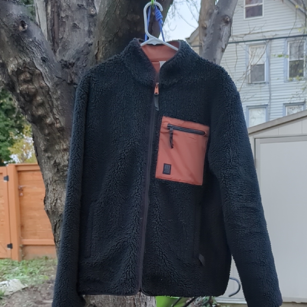 Topo Designs Black and Orange Fuzzy Zip-Up Jacket
